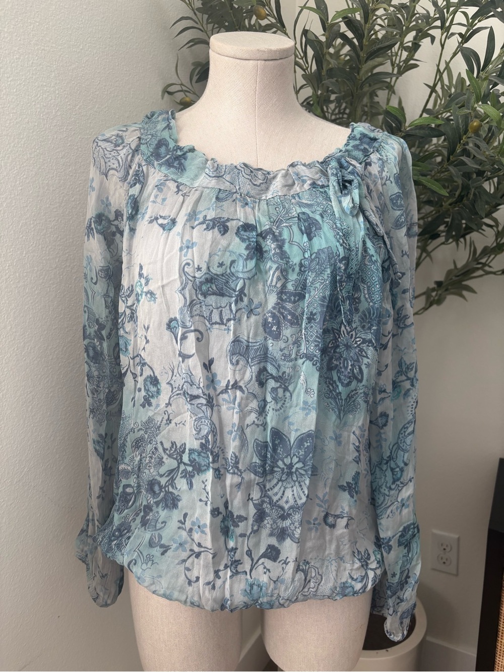 Giusy Silk Blue Floral Peasant Blouse